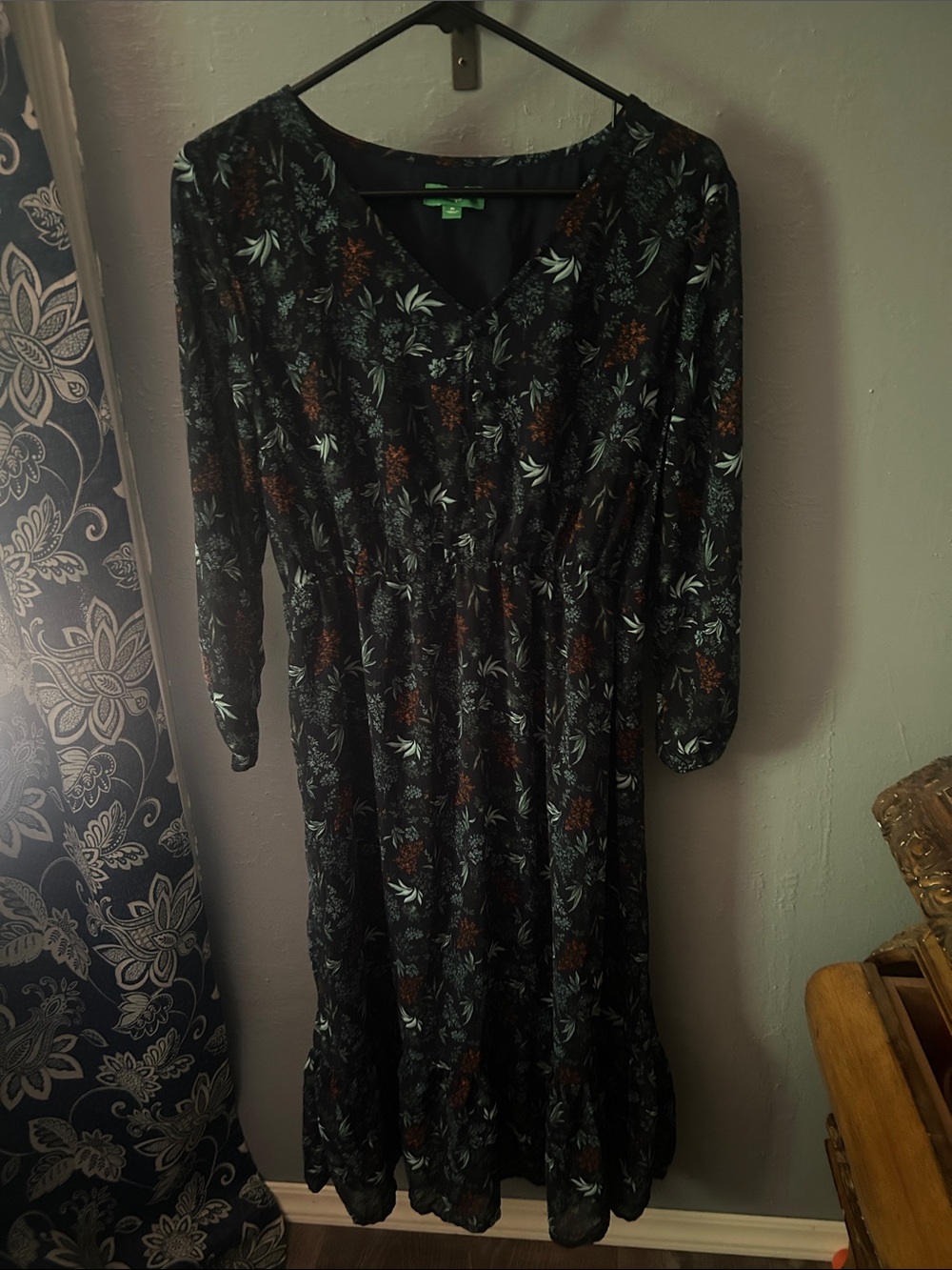 dip Blue Long-Sleeve Floral Midi Dress with Blue and Brown/Orange Print